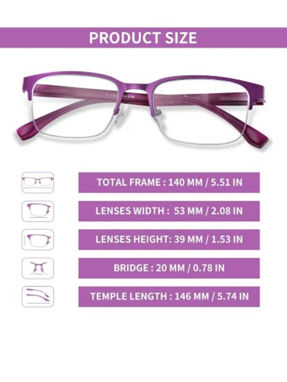 FONHCOO Purple Multifocus Reading Glasses Blue Light Blocking Semi Rimless - Picture 4 of 7